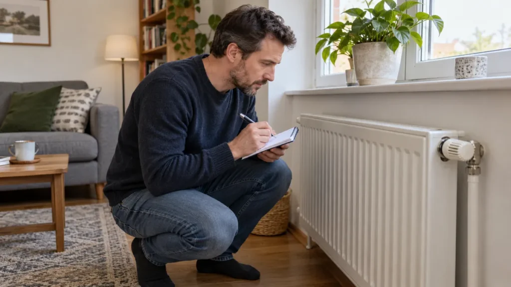 Muž zapisuje údaje u radiátoru v běžném bytě.