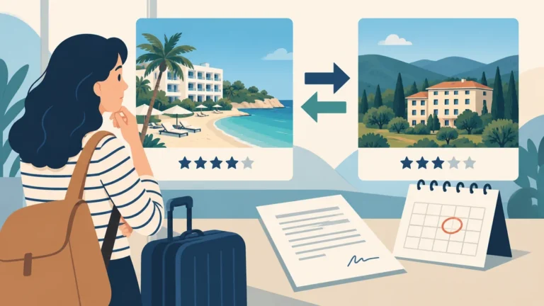 Ilustrace porovnání původního plážového hotelu s náhradním ubytováním a kalendářem.