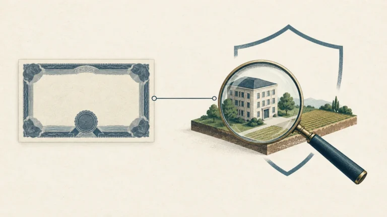 Ilustrace dluhopisu propojeného se zástavou nemovitosti a kontrolou její hodnoty.