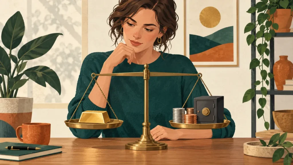 Žena porovnává zlatý slitek, mince a malý trezor na váze.
