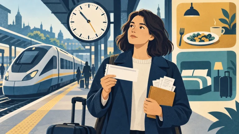 Ilustrace cestující s jízdenkou a účty u zpožděného vlaku a hodin.