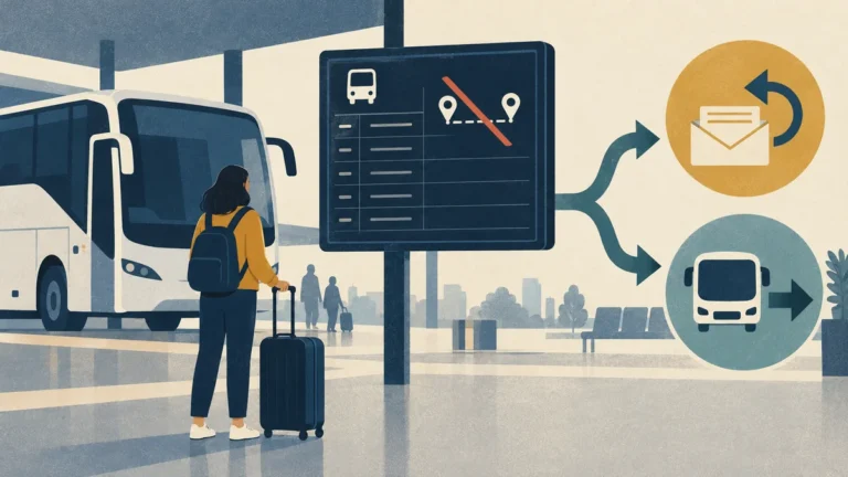 Ilustrace cestující u dálkového autobusu s možností refundace a náhradního spoje.