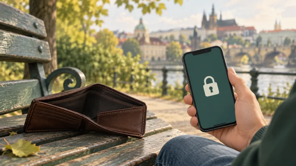Ilustrace prázdné peněženky a zamknutí karty v telefonu